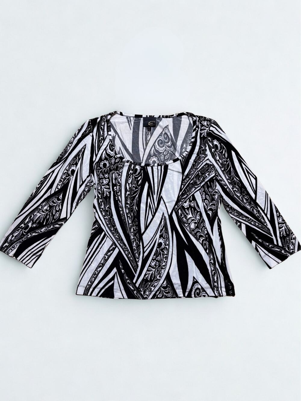 Vtg Y2K Just Cavalli Abstract Black White Geometric Print 3/4 Sleeve Top